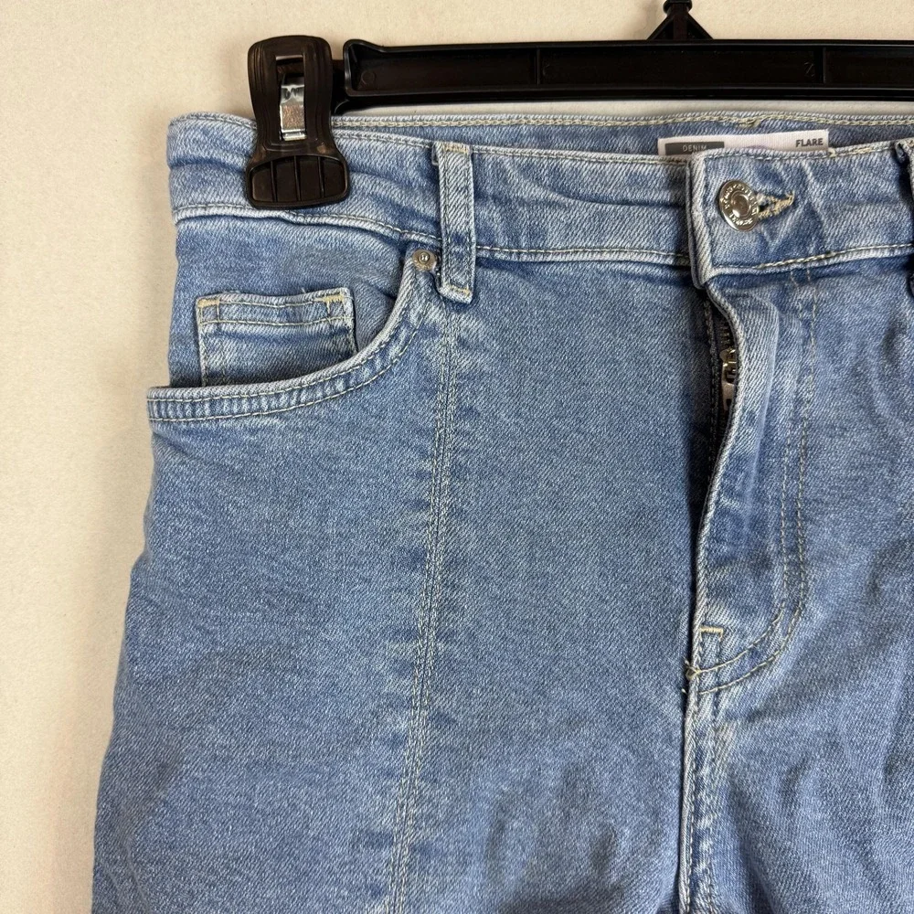 Bershka Flare Jeans Womens 6 Blue Light Wash High Rise Split Hem Stretch Denim